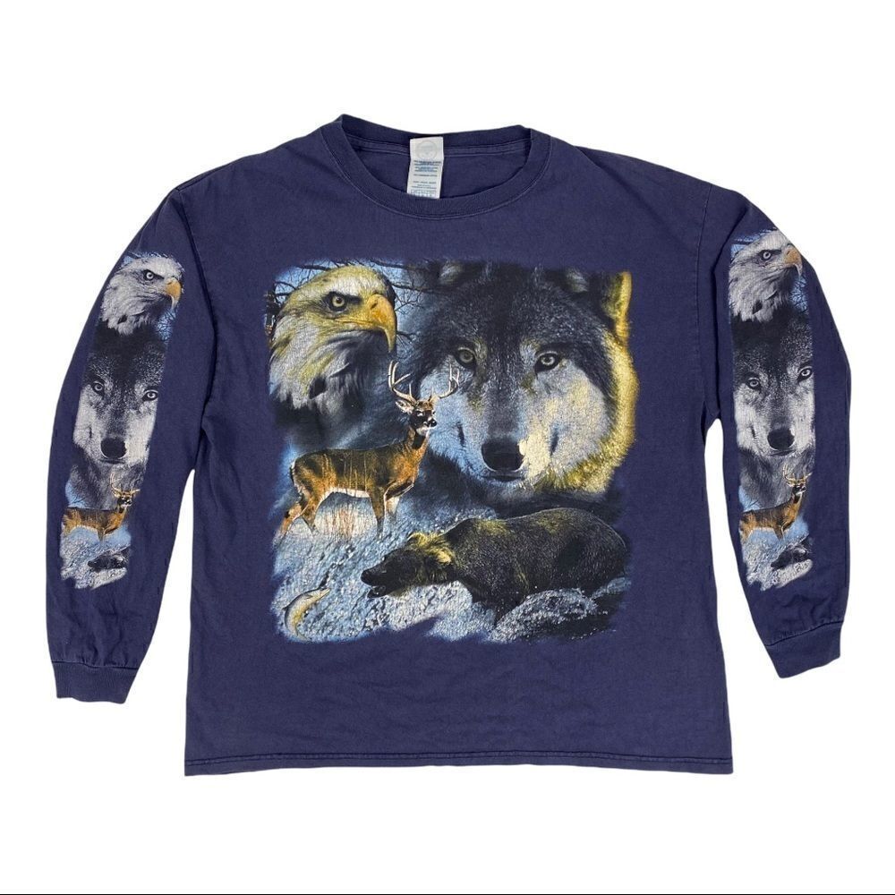 Vintage 2003 Wolf Eagle Bear Deer Outdoor Nature Long Sleeve Shirt